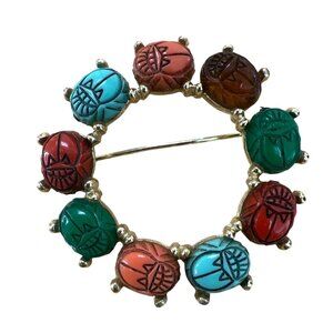 Vintage Gold-Tone Brooch With Multicolored Scarab Gemstones & Egyptian Revival